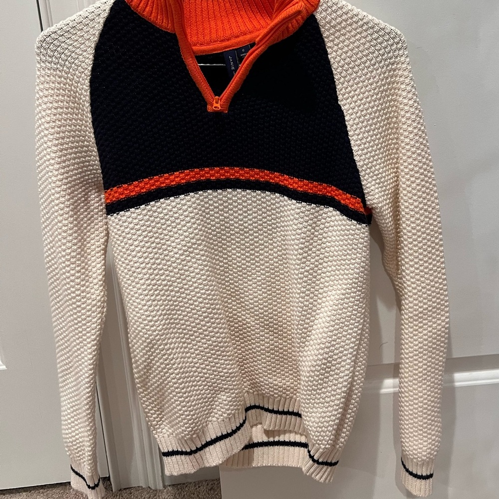 Janie and Jack Orange, Navy, and Cream Zip-Up Sweater